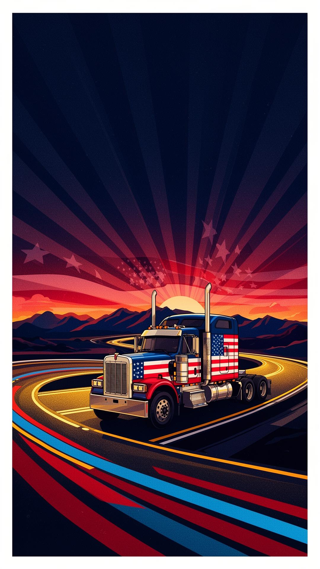 American freight truck rolling under a stormy purple sky