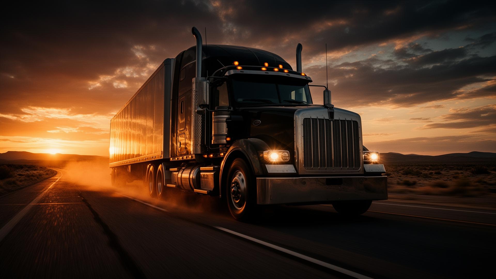 American semi-truck on an open highway at golden hour